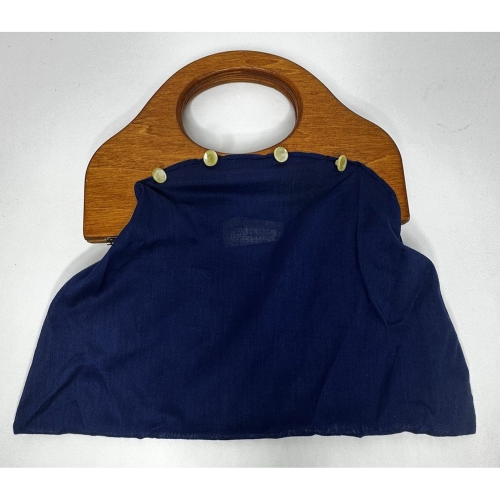 Banner House Handbag Insert Wood Handles Blue Cotton Buttons Made USA Purse